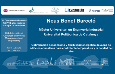 Premi AEIPRO per a Neus Bonet, estudiant del MUEI a l’ETSEIB, pel seu TFM en optimització energètica d’aules educatives